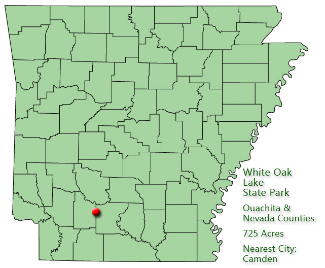 Map of Arkansas with red dot on the border of Ouachita and Nevada Counties with explanation in green text
