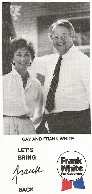 White woman with short hair and earrings smiling next to older white man smiling in shirt and tie on campaign literature