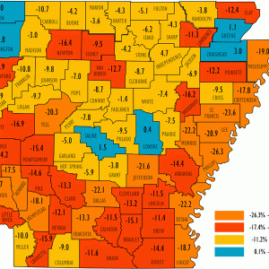 Map of Arkansas with colored sections with percentage of white population change listed in each labeled county