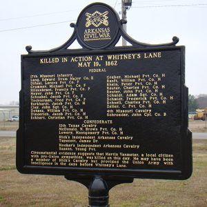 "Killed in action at Whitney's Lane May 19, 1862" sign with names