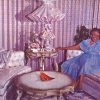 African-American woman in blue dress laying on divan in pink room with second divan and tables