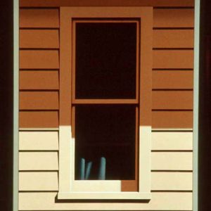 Painting centered dark window on wood siding in cast shadow with slightly revealed interior curtains