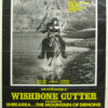 Man with gun on horse running in river on black and white poster with yellow text "Wishbone Cutter"