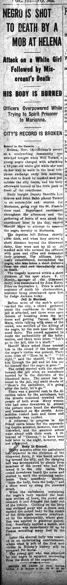 "Negro is shot to death by a mob at Helena" newspaper clipping