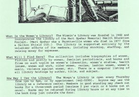 "Women's Library" flyer with black text saying "books by for and about women" and "community based and supported open one to six p.m. every thursday 632 west dickson"