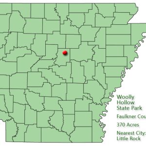 Map of Arkansas with red dot in Faulkner County and explanation in green text