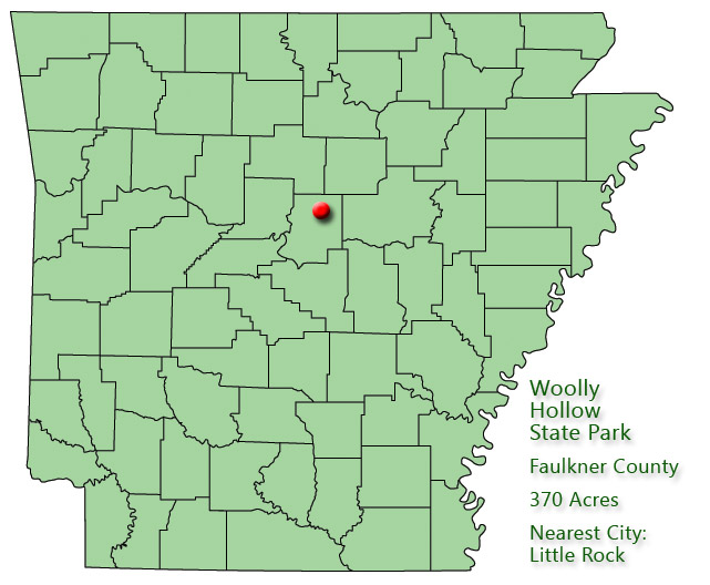 Map of Arkansas with red dot in Faulkner County and explanation in green text
