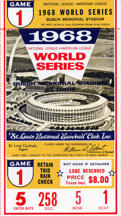 1968 World Series ticket, game 1, Busch Memorial Stadium, St. Louis, Missouri, priced eight dollars.