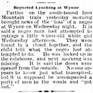 "Reported lynching at Wynne" newspaper clipping
