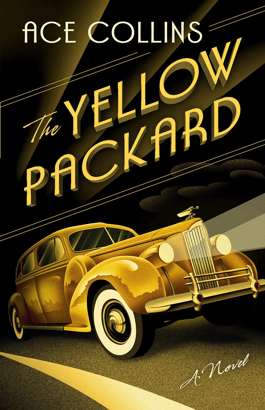 Book cover with white and yellow lettering on black background and golden Packard car