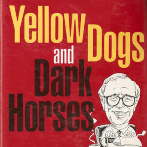 Cartoon of white man with glasses using a typewriter on red background with black white and yellow text