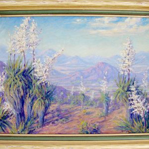 Dessert landscape with cacti and white flowers in frame