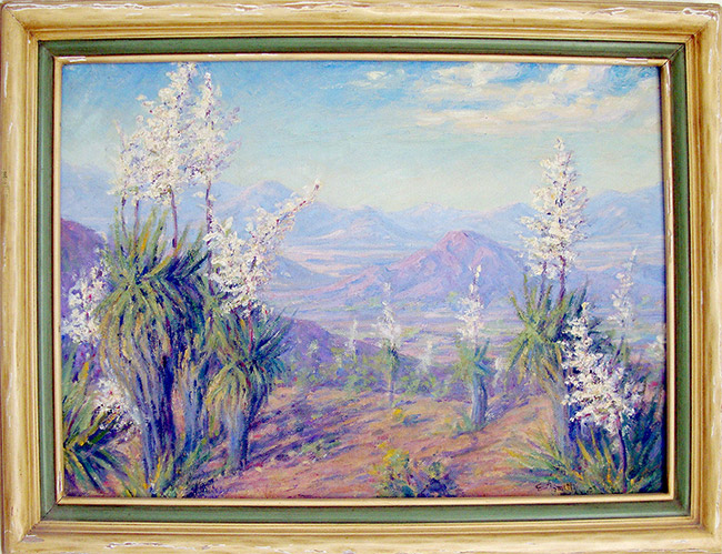 Dessert landscape with cacti and white flowers in frame
