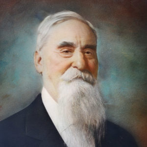 Painting of older white man with mustache and long gray beard in dark suit and white shirt