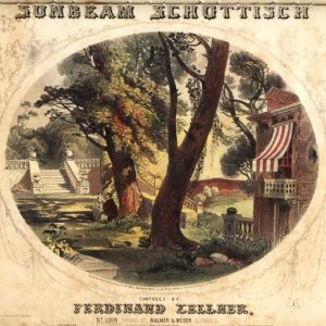 Brick building, trees, and gardens on sheet music cover labeled "Sunbeam Schottisch"