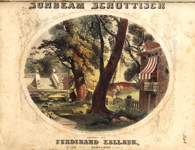 Brick building, trees, and gardens on sheet music cover labeled "Sunbeam Schottisch"