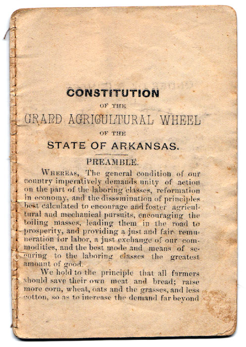 The "Preamble" page from the "Constitution of the Grand Agricultural Wheel of the State of Arkansas."