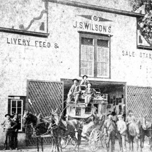 White men with stagecoach and horses outside "J.S. Wilson" feed store