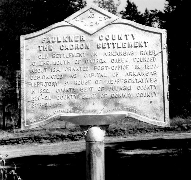 Historical marker sign for "Faulkner County: The Cadron Settlement"