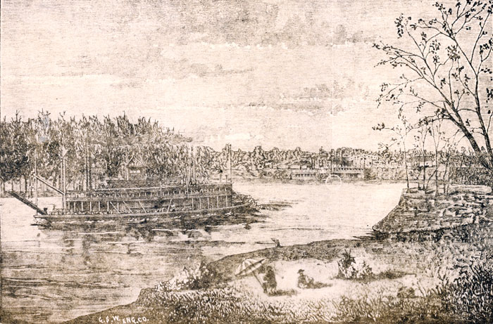Steamboats on river with trees and shore in the foreground