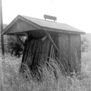 Small wooden building in an overgrown field
