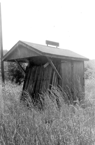 Small wooden building in an overgrown field