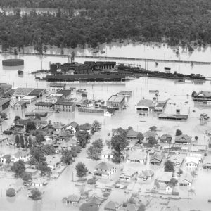 Aerial view of flooded town with trees in the distance