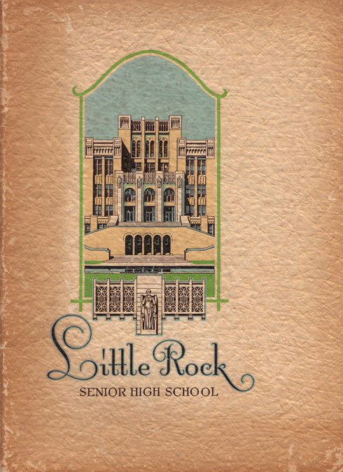 Book cover labeled "Little Rock Senior High School" with school entrance and stone carving illustration