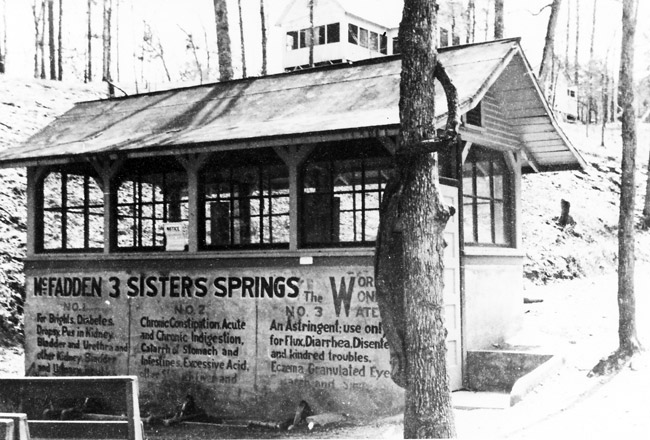 Forest shed with pitched roof wrap around windows wall text "McFadden 3 Sisters Springs"