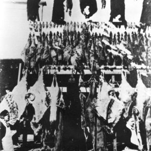 Two men in aprons, hats pass large rack with various hanging animal bodies and hides