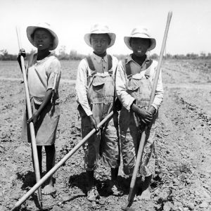 One Black girl and two Black boys in work clothes, two without shoes, pose in dirt field with hoes