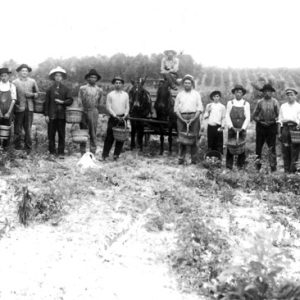 Group photo of farmers in work wear posing casually with baskets near orchard