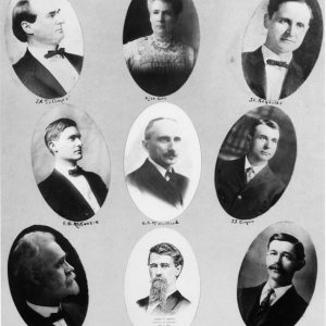 Nine oval portraits of white men and one woman on paper with handwritten names titled "Arkansas History Commission 1904"