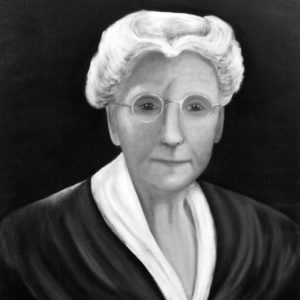 Portrait painting elderly white woman with glasses and shawl and dark background