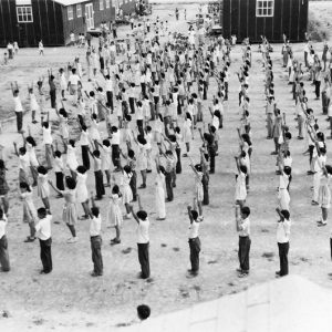 Crowd of Asian-American children stand in rows holding hands over head in field near housing units.