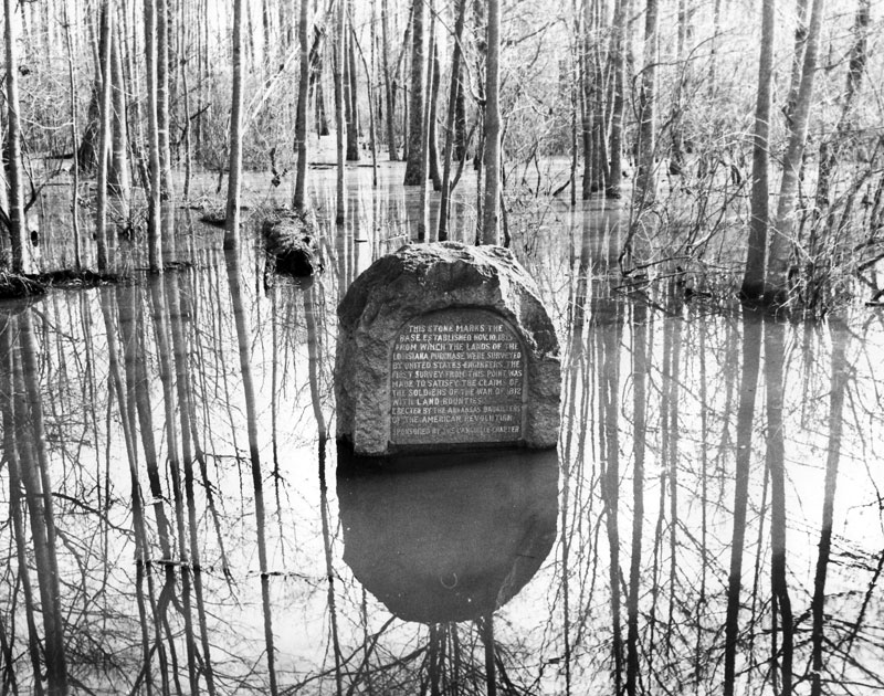Stone marker with text situated in swamp
