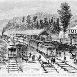 Illustration "St. Louis Iron Mountain Southern RR" station crowd, mountain and trees in background