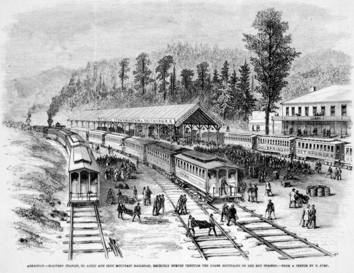 Illustration "St. Louis Iron Mountain Southern RR" station crowd, mountain and trees in background
