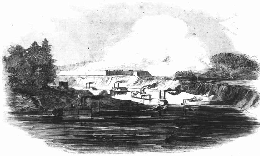 Steam powered ironclad boats attacking a fort