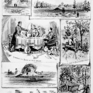 Print with various illustrations ancient mounds men studying relics caption "Arkansas exploration southeastern counties"