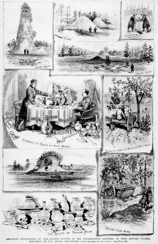 Print with various illustrations ancient mounds men studying relics caption "Arkansas exploration southeastern counties"