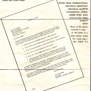 poster titled "Conspiracy at Little Rock to Negro-ize Travelers Baseball Team" with image of letter written by segregationist Amis Guthridge to Arkansas Travelers manager Ray Winder