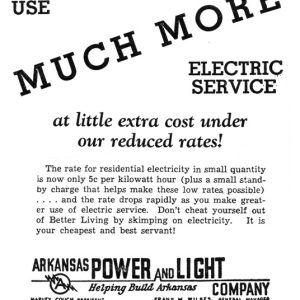 Black and white print with large "Much more" heading followed by variable electricity cost description and power company footer