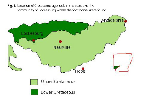 Map showing the locations of Cretaceous age rock in Arkansas