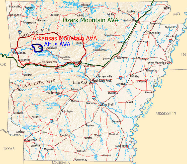 geographical map of Arkansas with "Altus AVA" "Arkansas Mountain AVA" and "Ozark Mountain AVA" designated