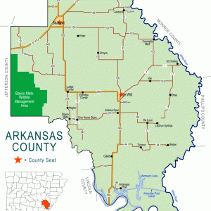 "Arkansas County" map showing borders roads cities waterways wildlife areas