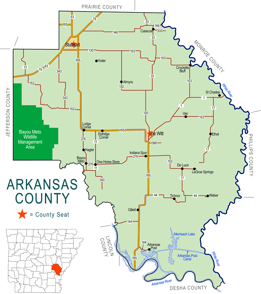 "Arkansas County" map showing borders roads cities waterways wildlife areas
