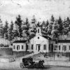 grayscale drawing of white buildings one prominently placed with a bell tower and men on horseback and a horse-drawn carriage on the road in front
