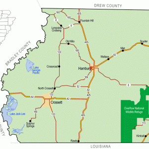 "Ashley County" map showing borders roads cities waterways wildlife refuge