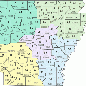 Map of Arkansas with colored sections and percentages in each county